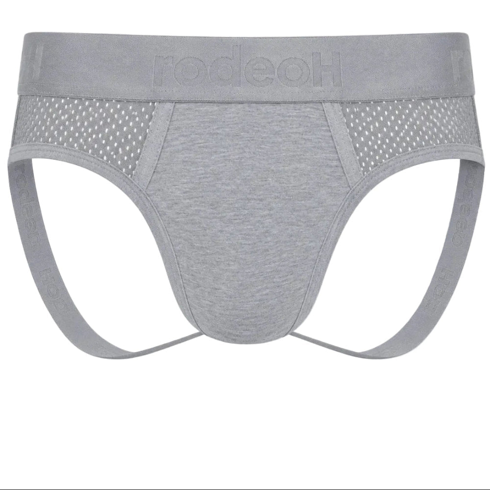 RodeoH Shift Jock cotton underwear with interior side opening pouch in light gray, from the front