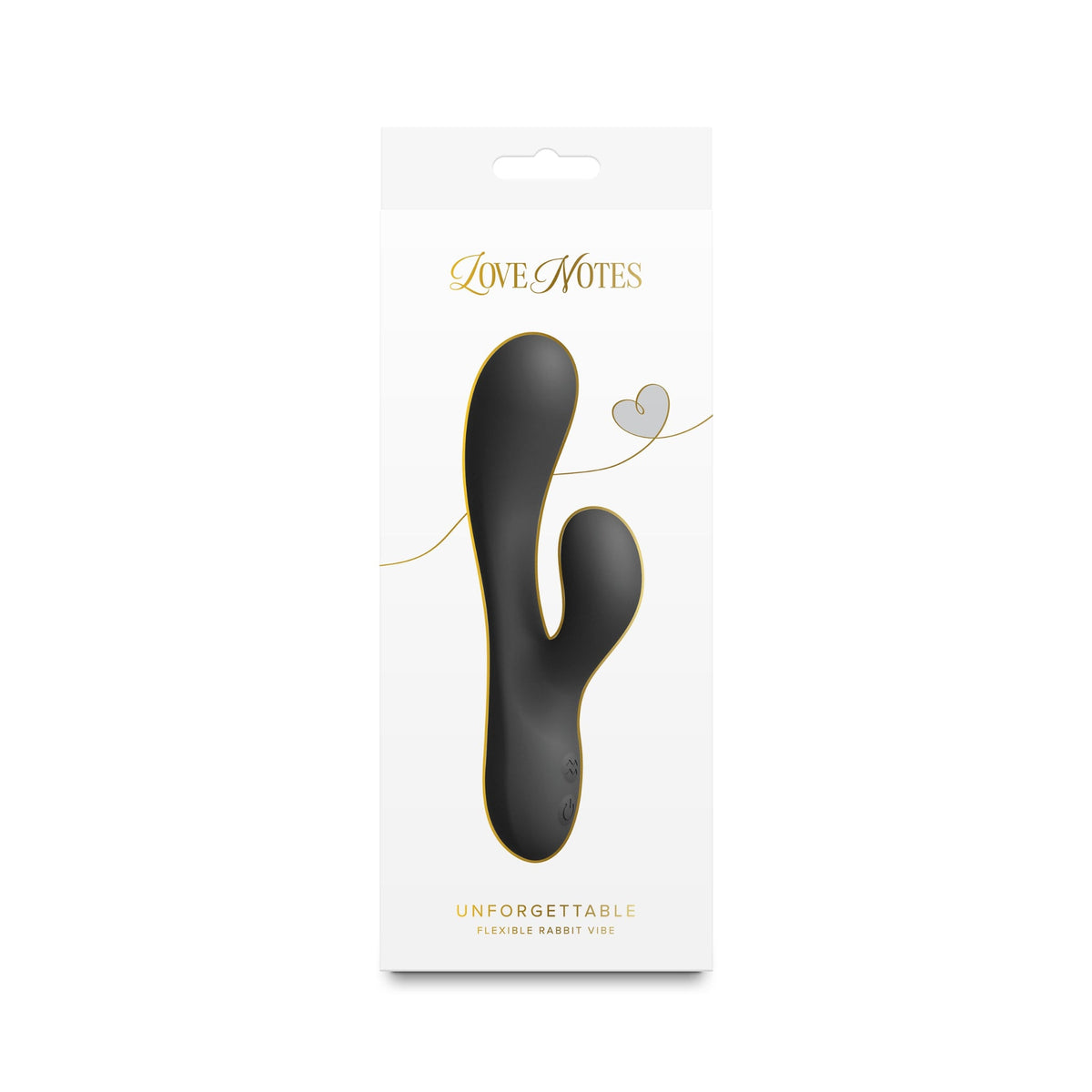 A black cactus-shaped flexible rabbit vibrator in its white retail packaging, branded LoveNotes with gold lettering and a small heart graphic.