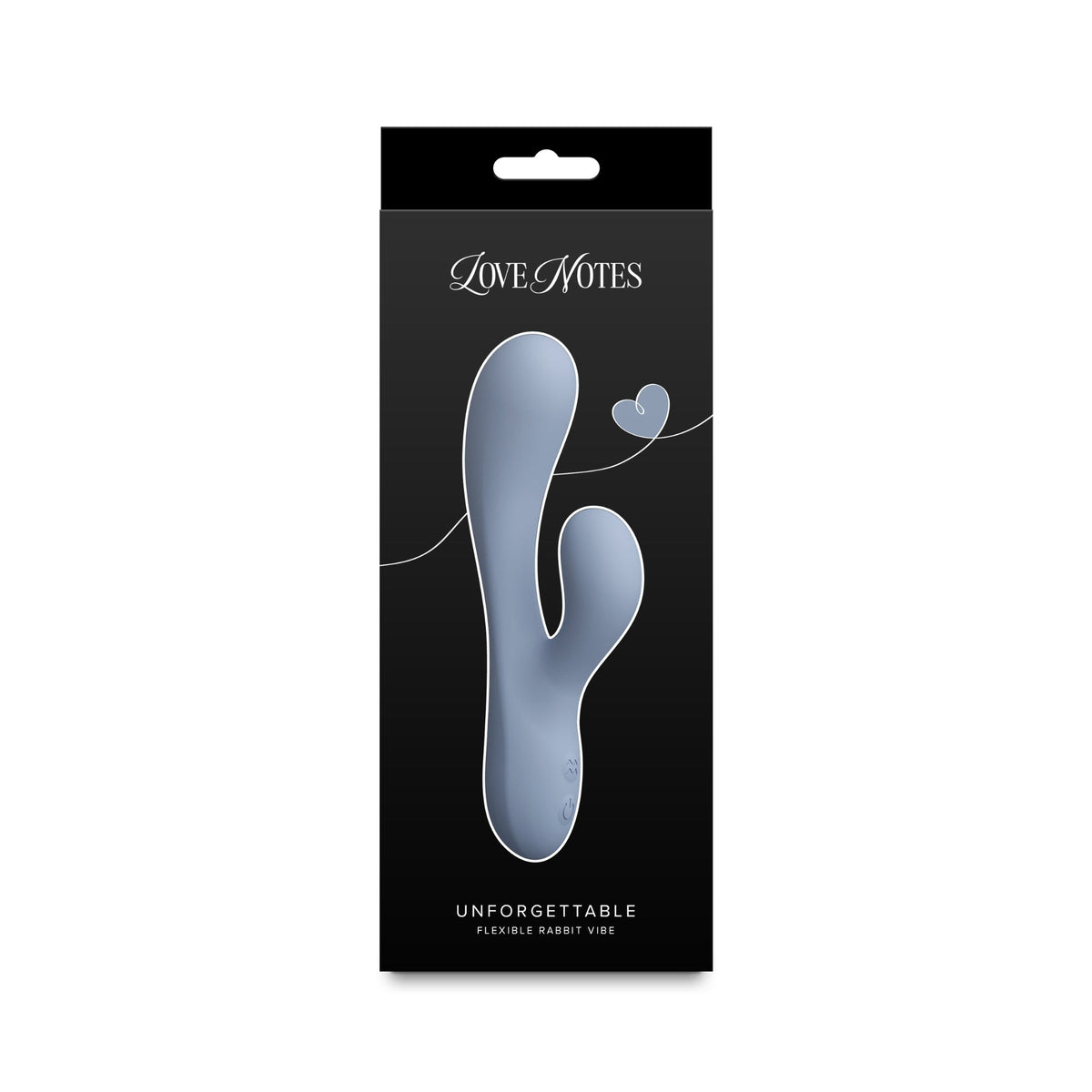 Love Notes Unforgettable Flexible Rabbit Vibe in its original black packaging, featuring a silver-gray rabbit-shaped insert.