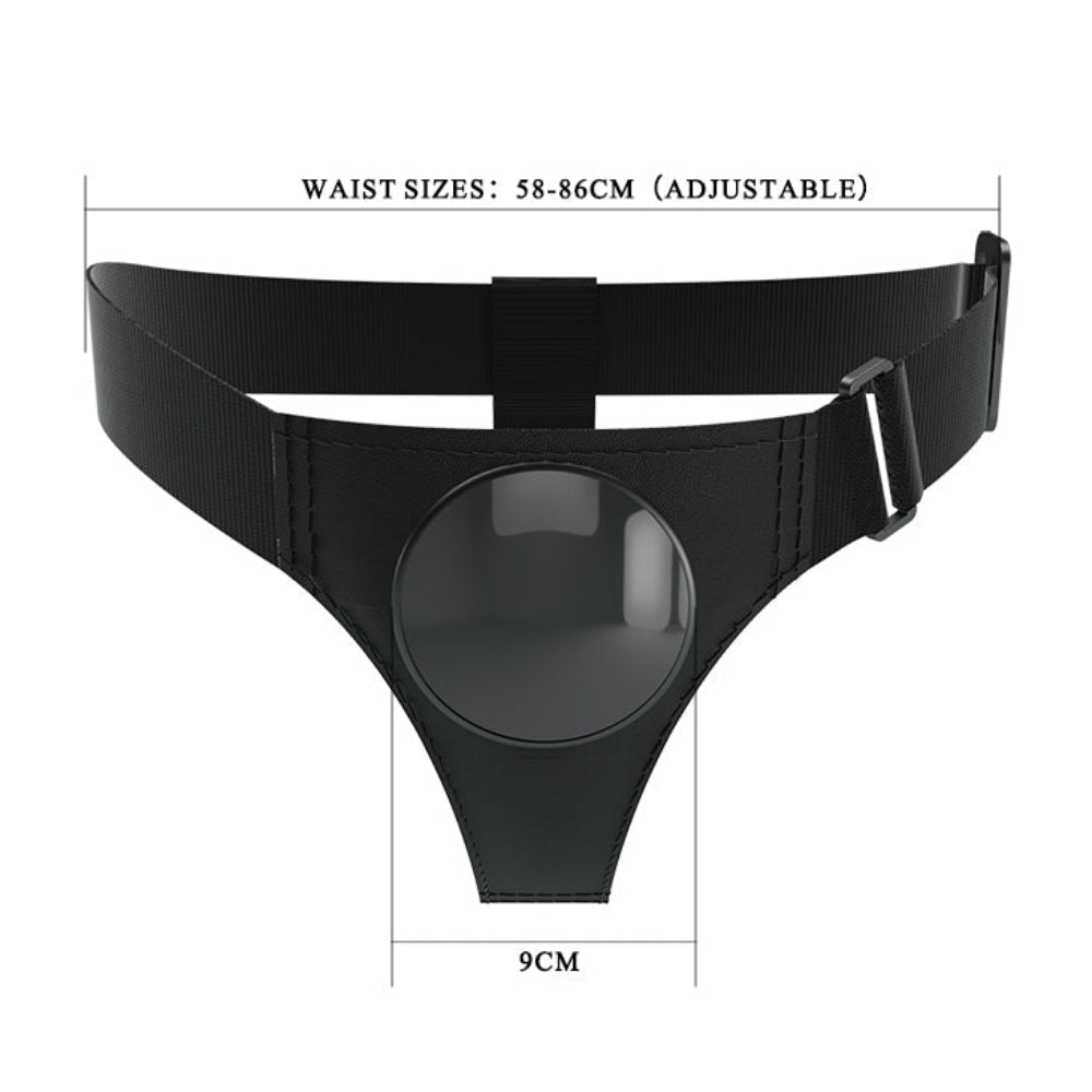 Black Adjustable strap dock style strap on harness with suction plate for dildos form the front with dimensions