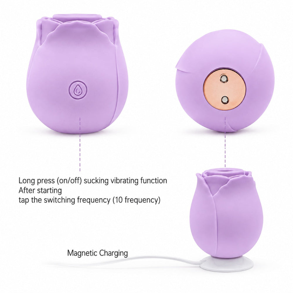 Nexus Vibe Petalpulse lilac silicone vibrating rose airpulse suction toy from the side, and bottom with rose sitting on it's included charging base