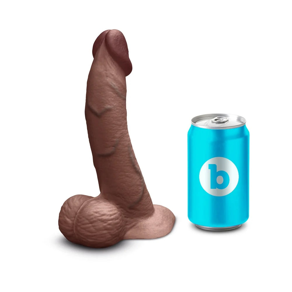 B vibe slip skin 8 inch curved in chocolate, sliding skin silicone realistic dildo, sitting on its base next to a standard soft drink can for size reference.