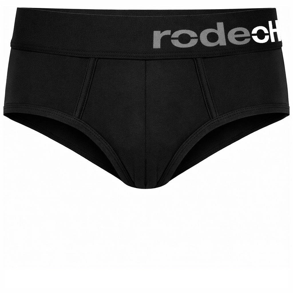 Black underwear with 'rodeo' waistband on a white background