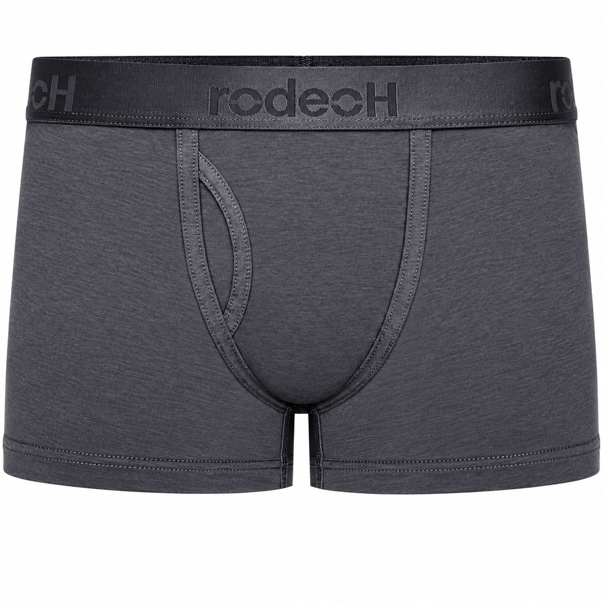 RodeoH Shift Short gender-neutral underwear in gray with satin logo waistband, from the front