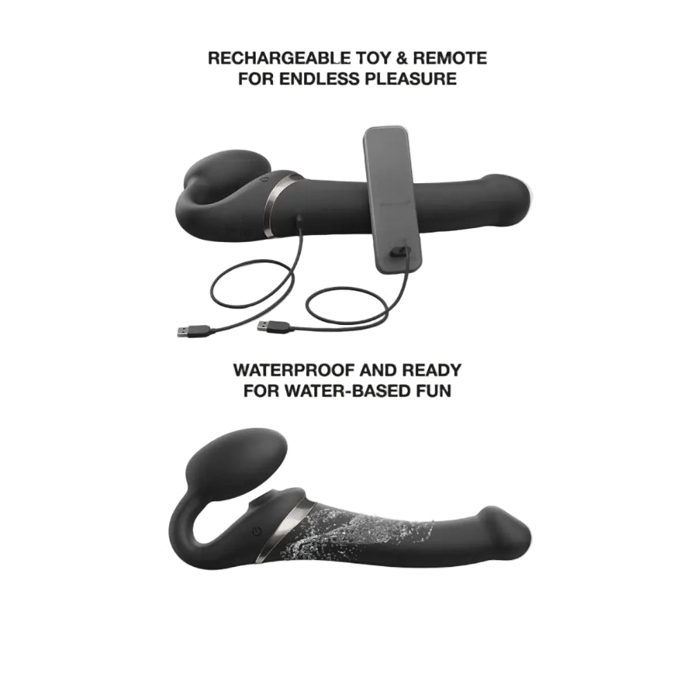 Strap on me multi orgasm strapless strap on vibrator in black in size large, from the side with wireless remote