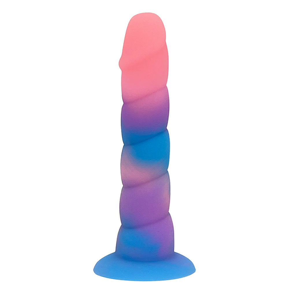 Nexus Loli swirl ribbed silicone dildo in Aurora glow, a pink, blue and purple mix, flat on its suction base, from the side