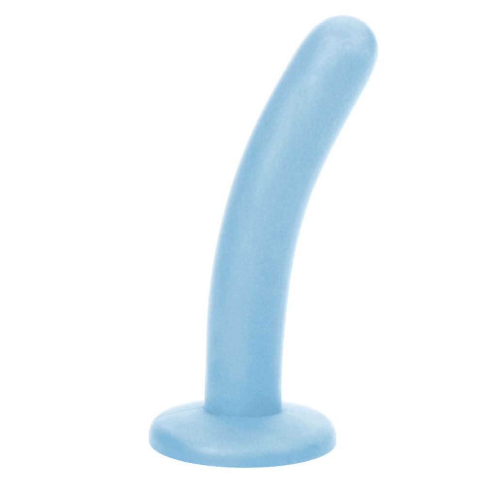 Pip Soft blue sim silicone dildo flat on its suction base from the side