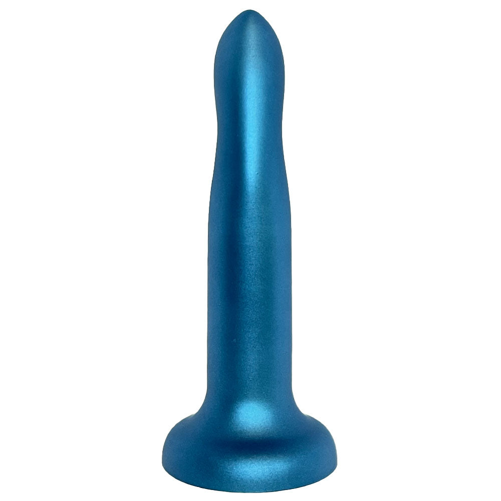 Nexus 7 inch rory silicone dildo in metallic midnight blue, flat on its suction base from the back with the g spot curve facing away from the viewer