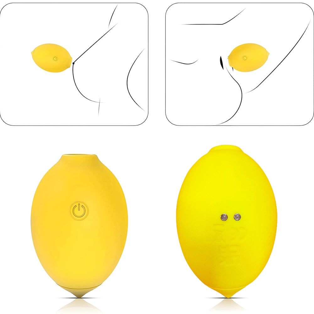 Nexus vibes lemon pucker sucking yellow silicone lemon shaped vibrator, showing the front and back, with graphic sketches of potential usage