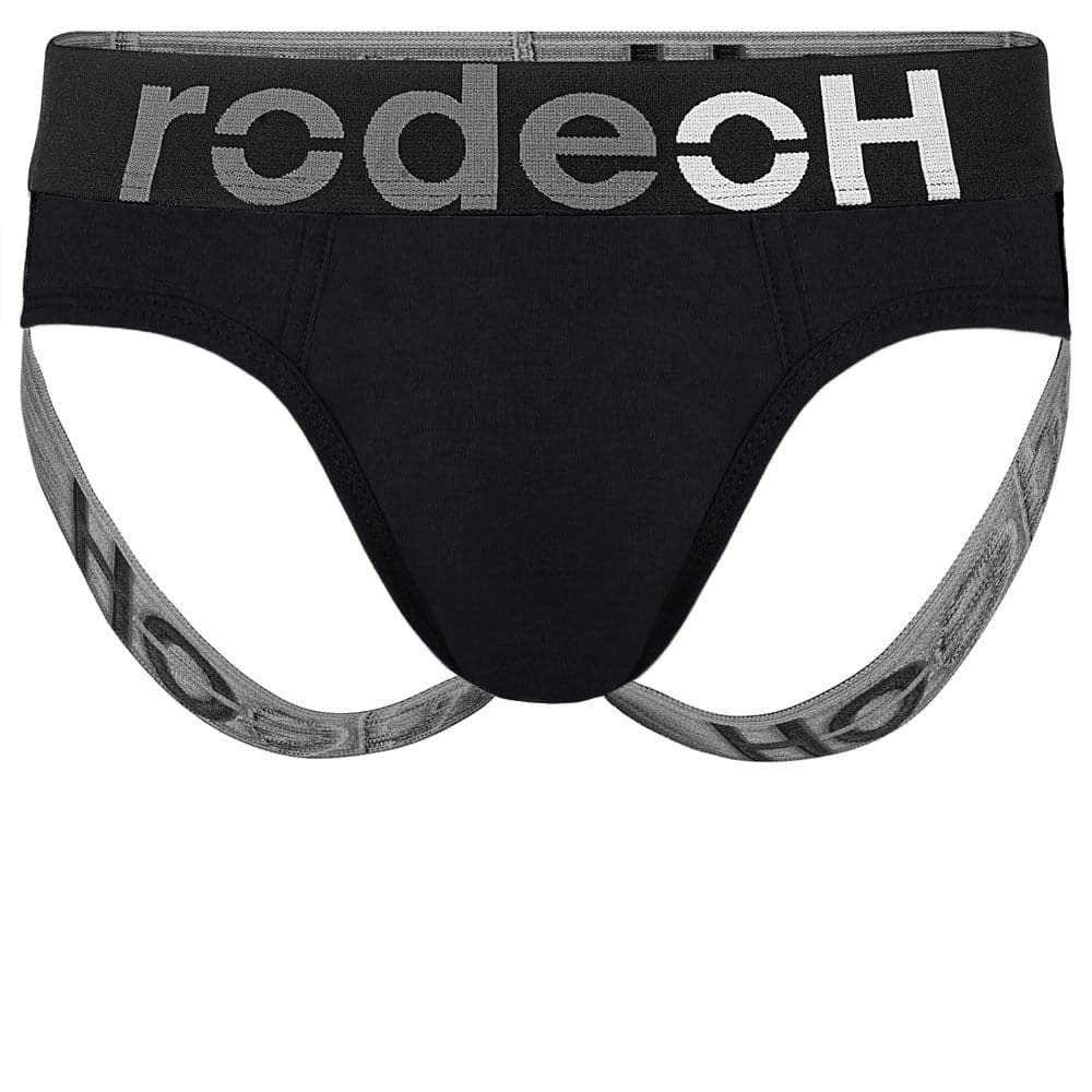 RodeoH Shift Jock cotton underwear k with interior side opening pouch in black from the front