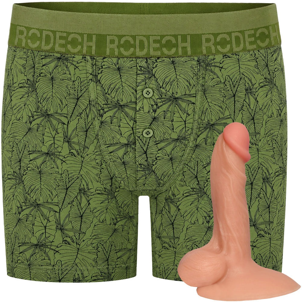 Rodeoh verdant leave green printed button fly boxer harness from the front shown with vanilla flex dildo included in package deal