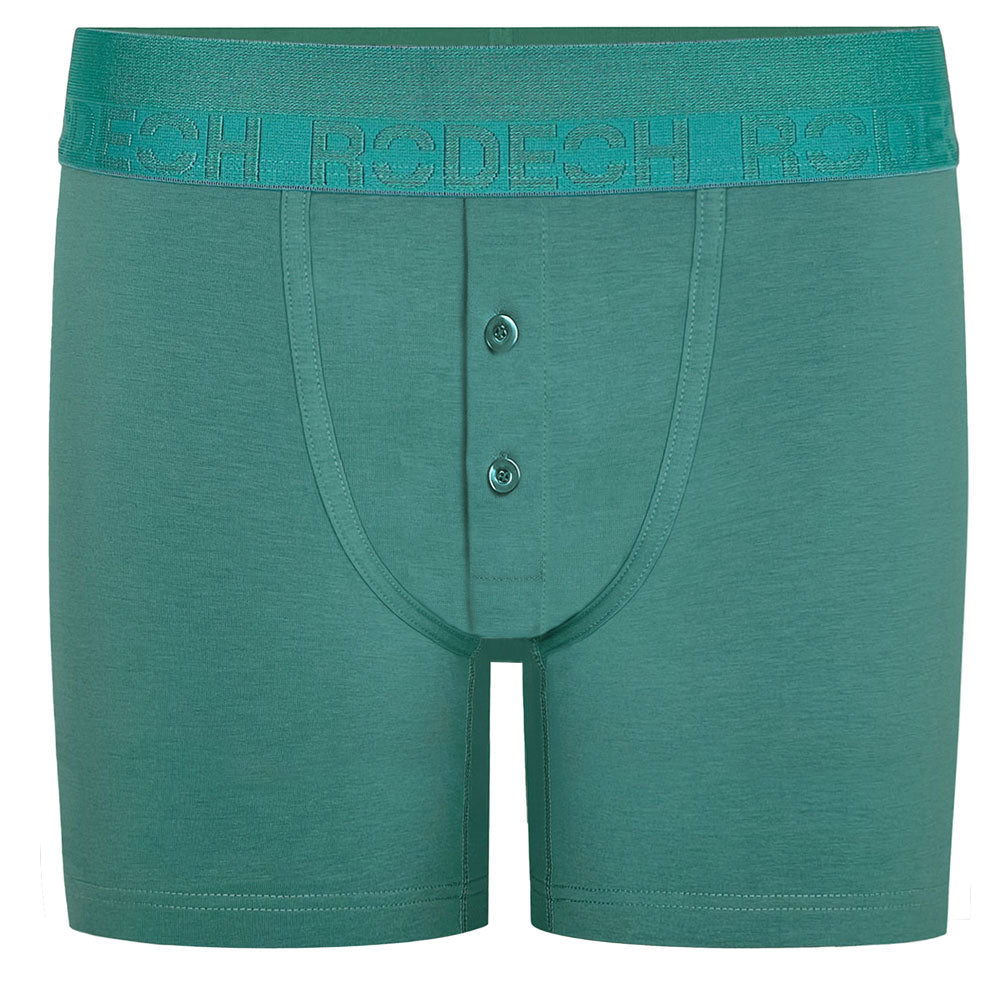 Pacific Teal button fly harness underwear with a rodeoh logo waistband