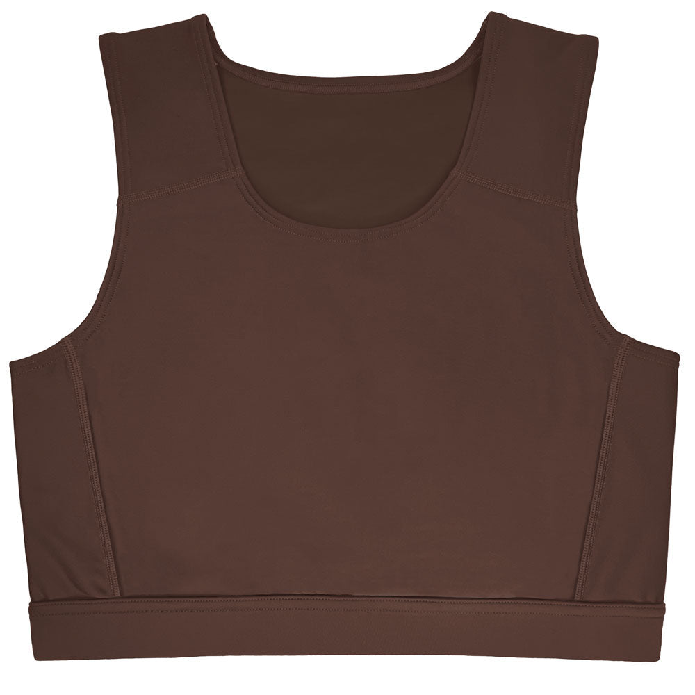 rodeoh compression top chocolate from the front, laid flat