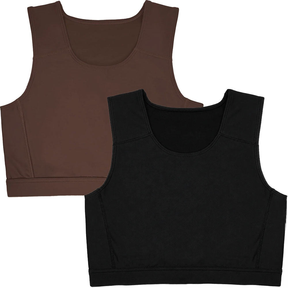 Rodeoh compression top in black and chocolate, from the front, laid flat