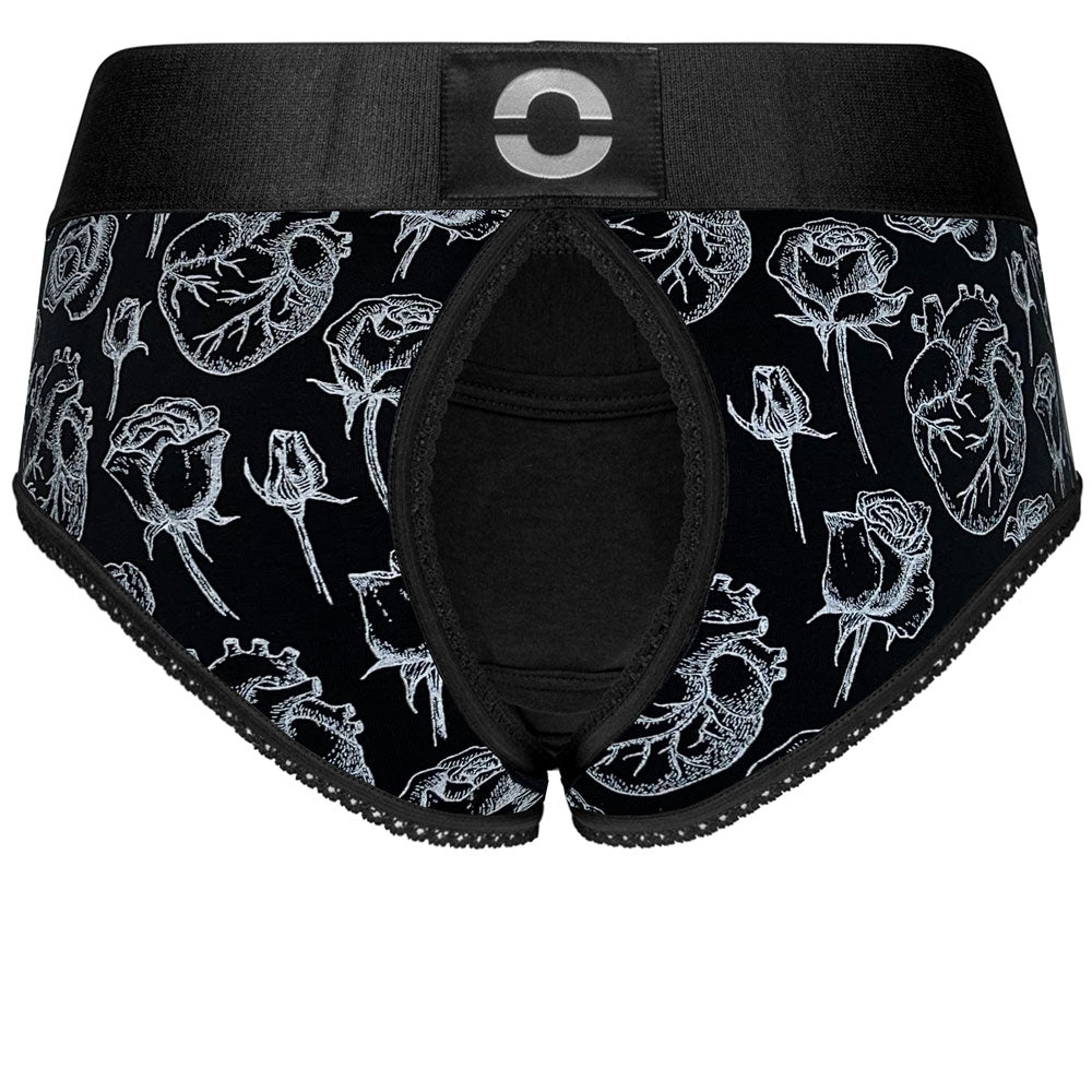 rodeoh crotchless panty harness hearts and roses black back