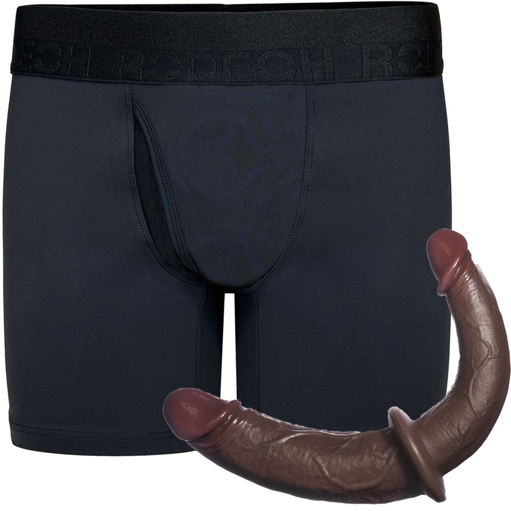 RodeoH Luxe swiftfit boxer harness from the front and double trouble dildo in chocolate