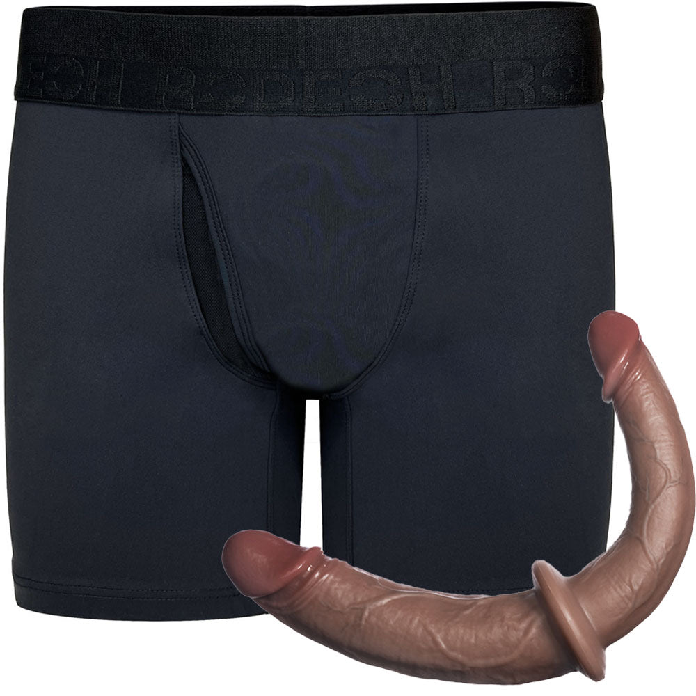 RodeoH Luxe swiftfit boxer harness from the front and double trouble dildo in mocha