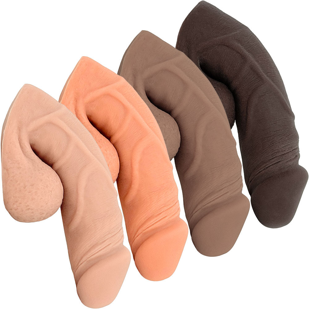 Freeform Medium 5 inch silicone soft ftm packer, all 4 colors from the side in the flaccid packed position