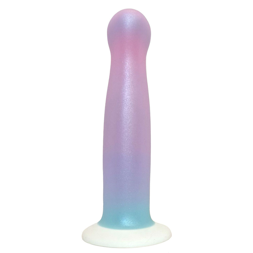 An iridescent silicone dildo with a curved, flared base and a tapered shaft, featuring a pastel gradient transitioning from pink and lavender to light blue, set against a plain white background.