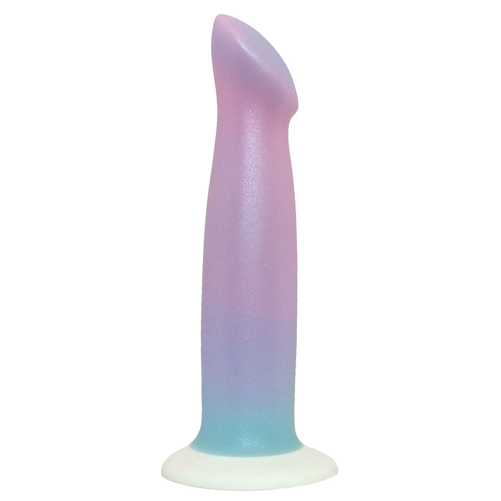 An iridescent silicone dildo with a curved, flared base and a tapered shaft, featuring a pastel gradient transitioning from pink and lavender to light blue, set against a plain white background.