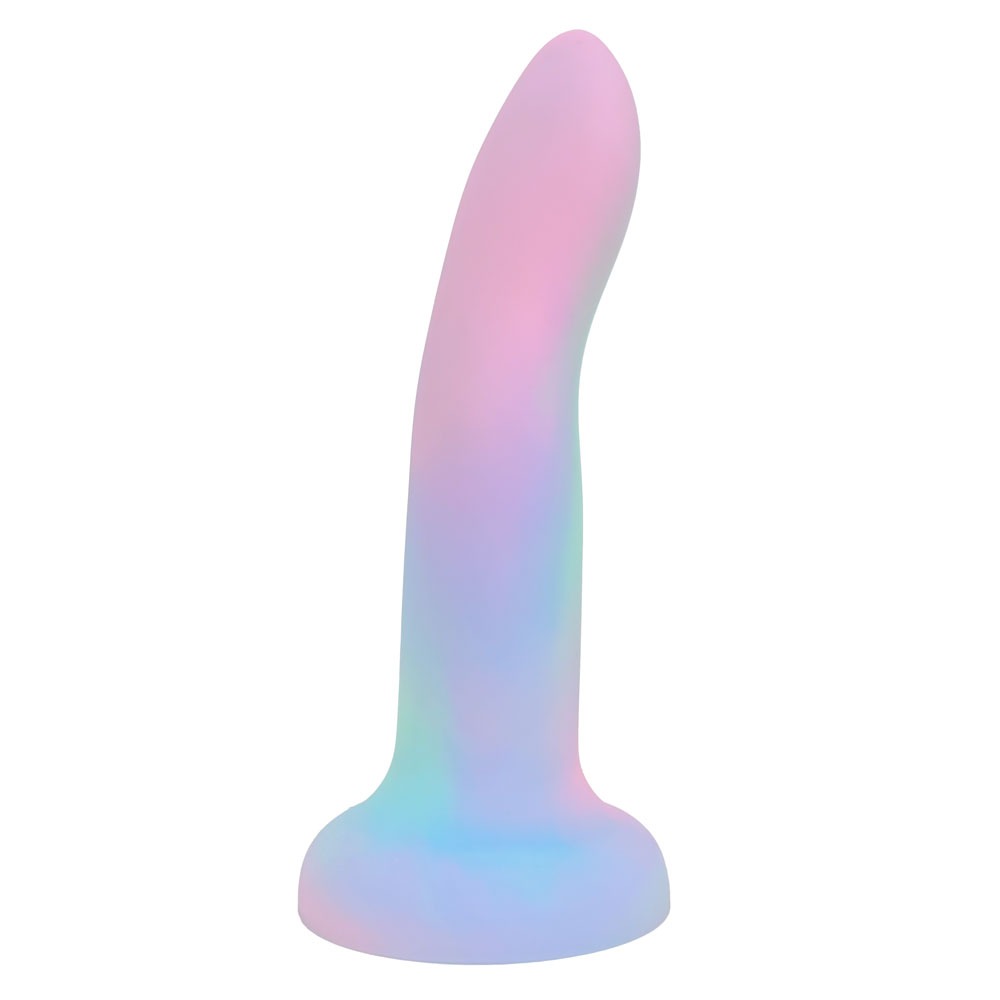 Nexus Rory 6 silicone dildo in pastel whimsy color swirl, on its suction cup base, from the side