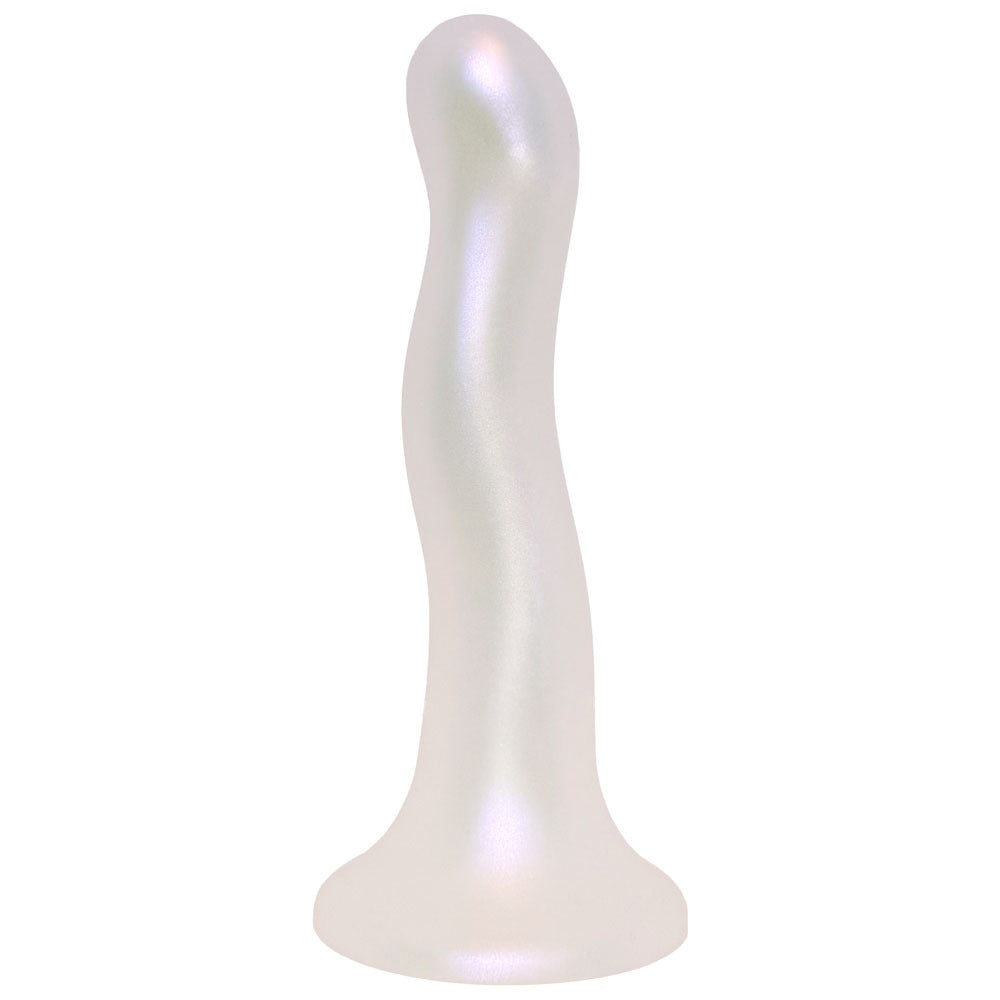 Nexus Sway silicone pearlescent wavy dildo, flat on it suction base, from the side