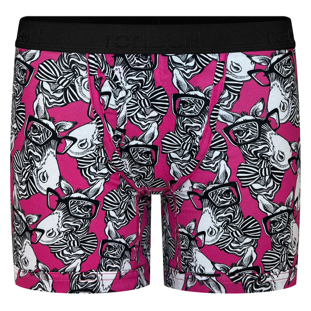 pink withblack and white zebras wesring glasses and a bowtie print RodeoH 6" inseam gender neutral boxer brief underwear with a satin logo band
