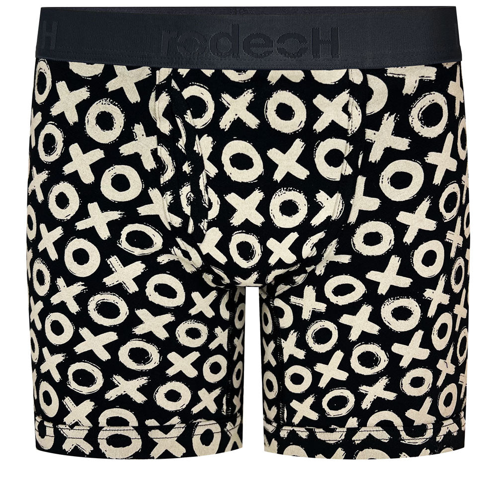 6" inseam Shift Boxer Brief gender neutral Underwear in black and white XOXO print,