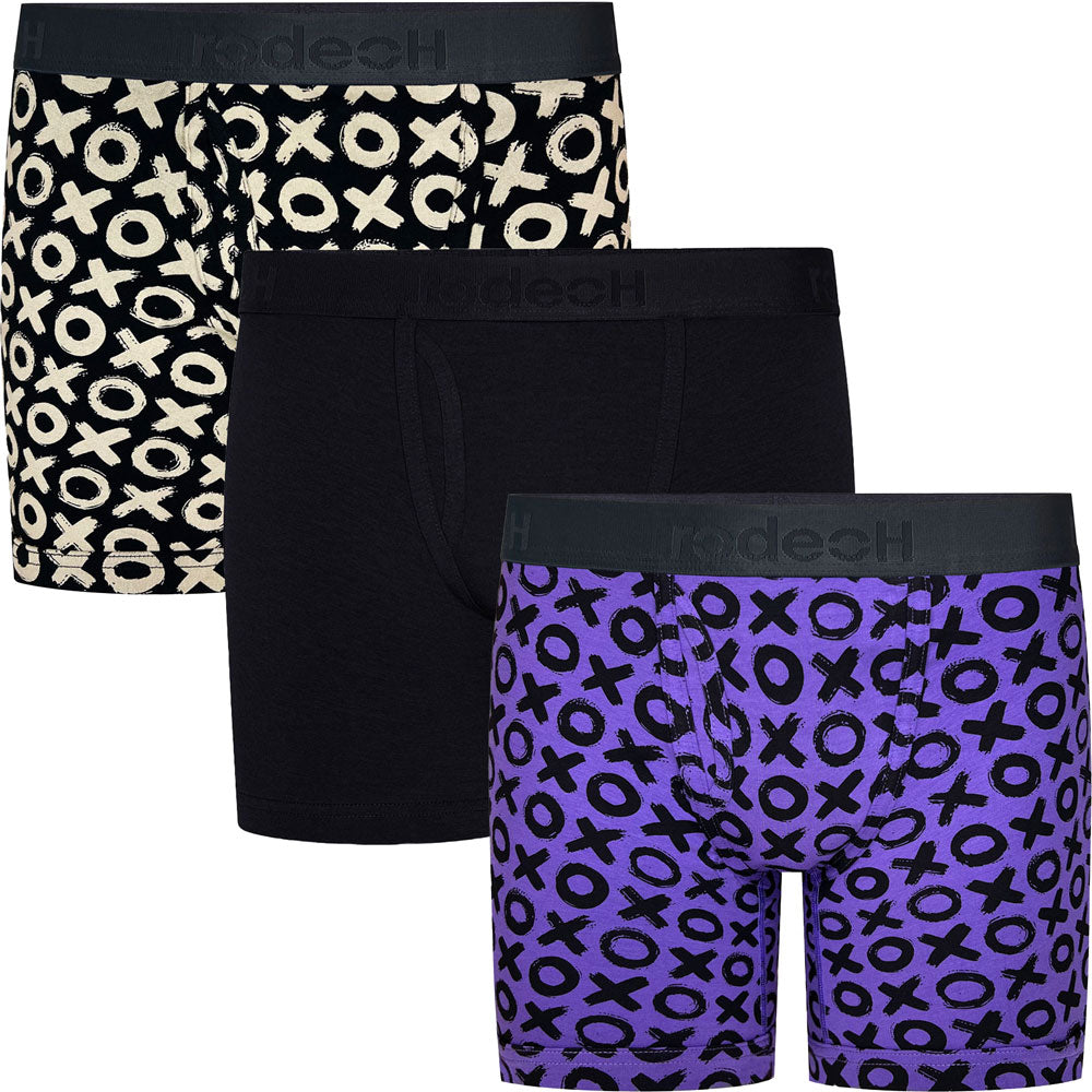 6" inseam Shift Boxer Brief gender neutral Underwear 3 Pack , with black and white XOXO print, solid black, and black and purple XOXO print