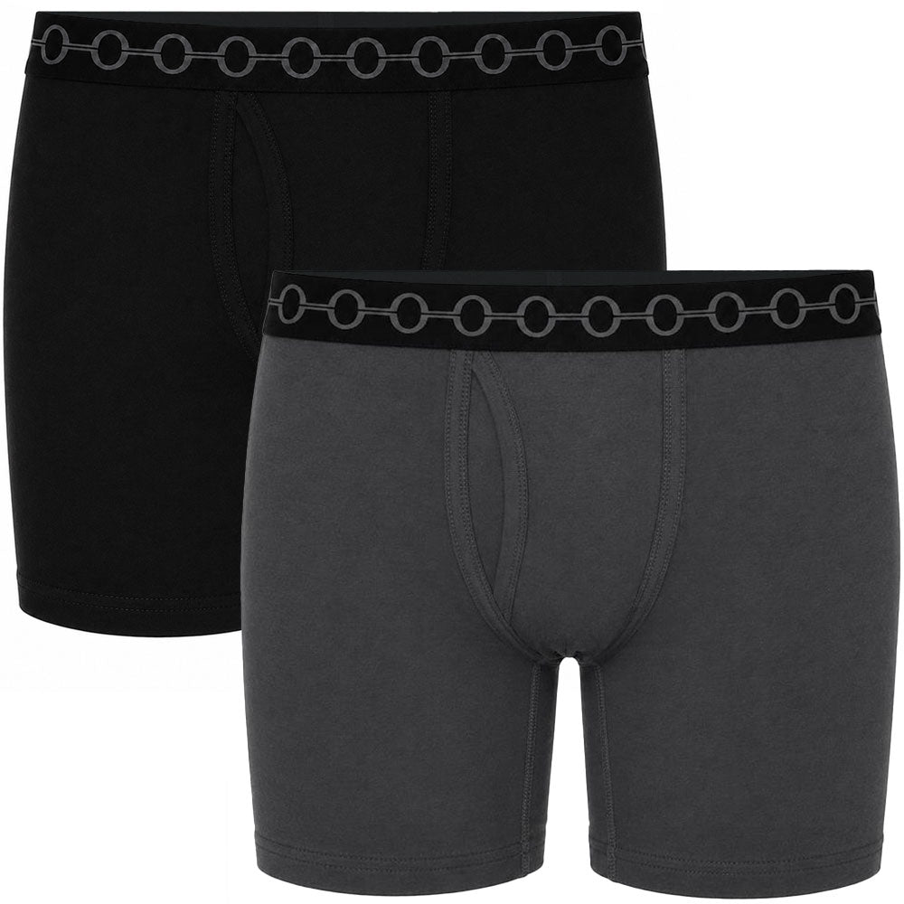 Two pairs of boxer briefs shown on a plain white background: one black pair and one dark gray pair, both with black waistbands featuring a repeating ring motif.