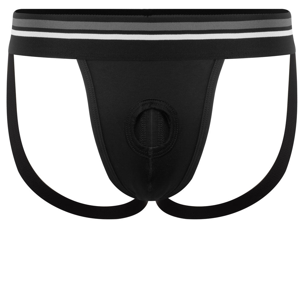 Black jockstrap underwear with a pouch front and a hole at the front center designed to support STP devices. The waistband is gray with white accents.