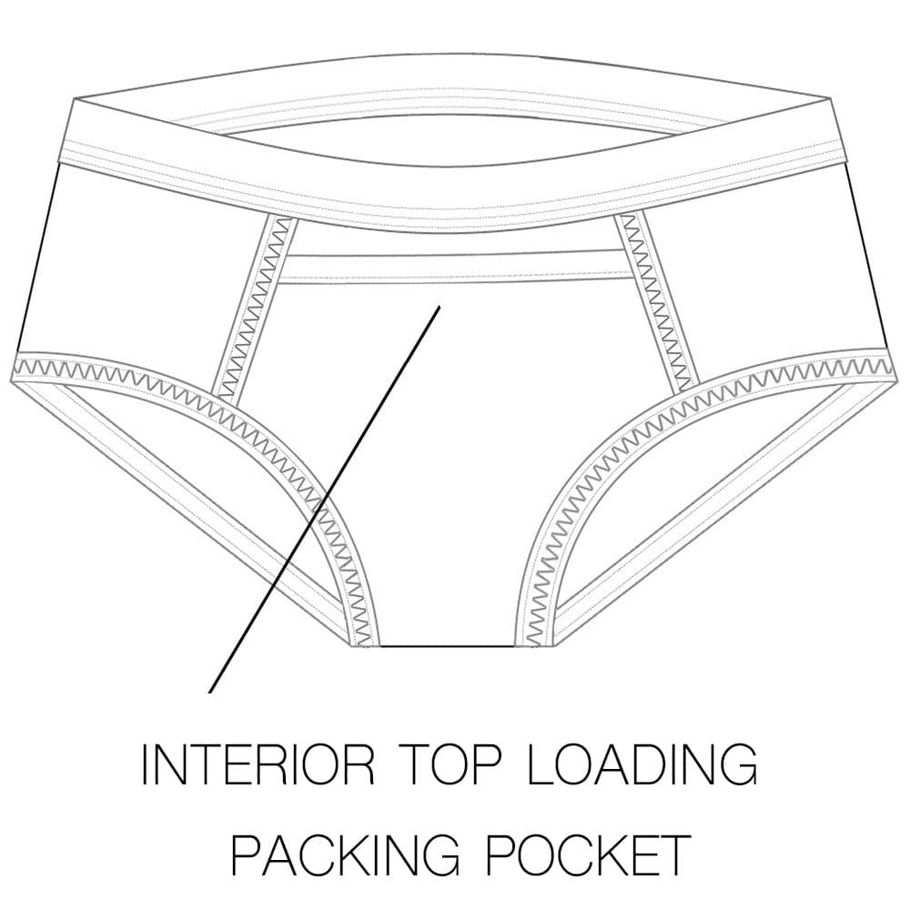 Line drawing of underwear with an interior top loading packing pocket.