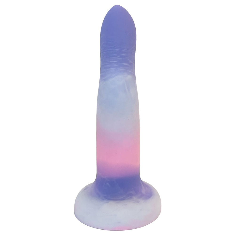 Nexus Rory Dawn vibrating silicone dildo, n pink purple and white swirl, flat on the base , from the back