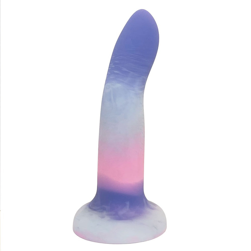 Nexus Rory Dawn vibrating silicone dildo, n pink purple and white swirl, flat on the base , from the side