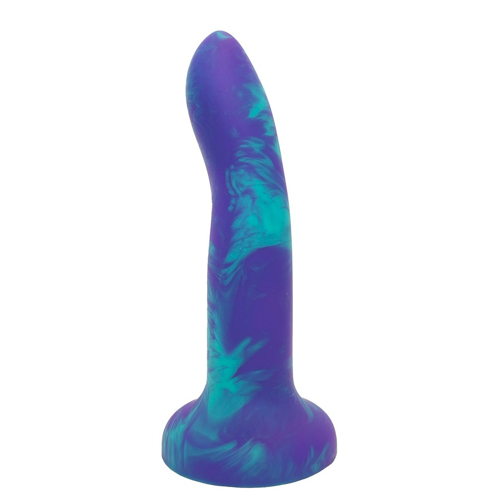 Nexus Rory soft silicone dildo wth suction cup in wild berry purple and green swirl, flat on its suction base from the side