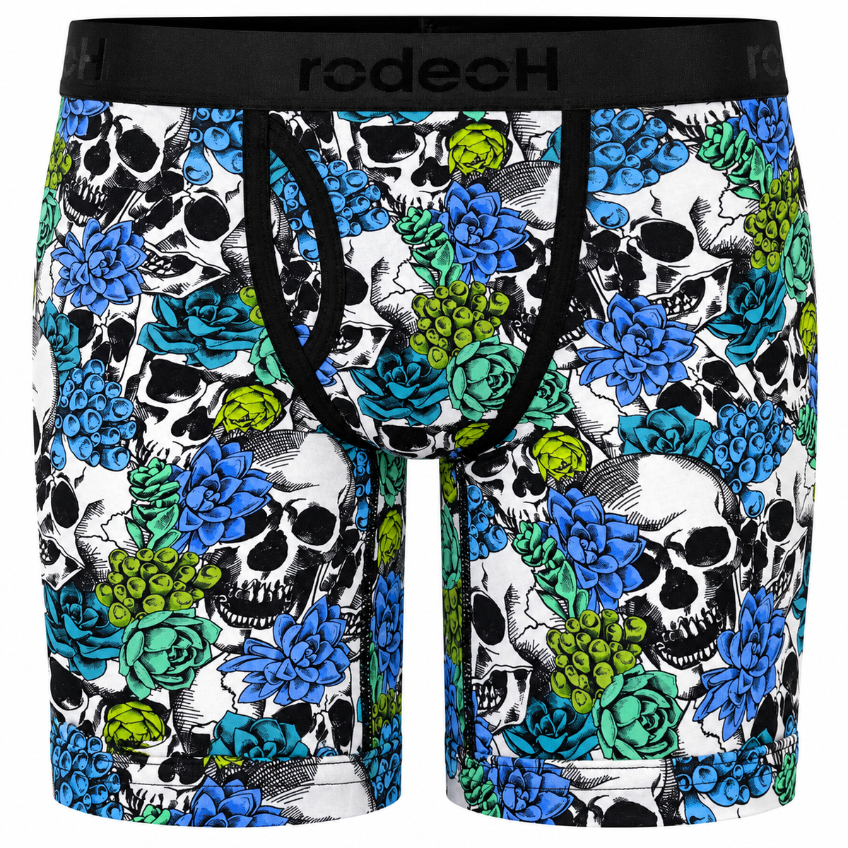 RodeoH Shift 9 inch Boxer in Succulent Skulls White print, front view