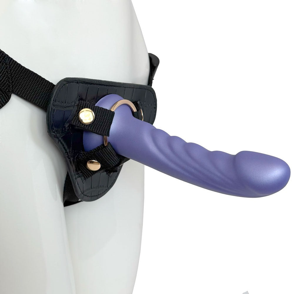 Nexus silicone fun and love harness and silicone dildo set, with purple tease inserted