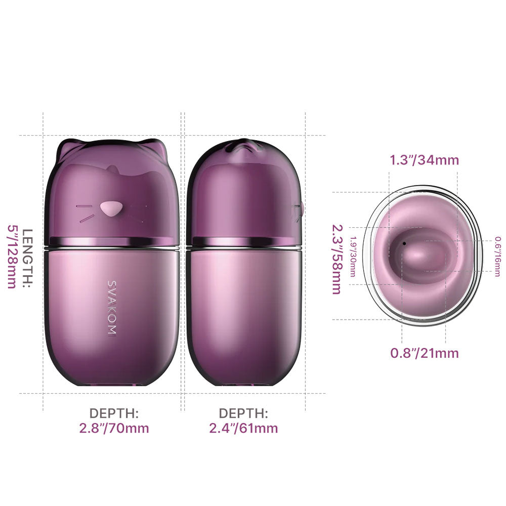 Svakom Klitty Sucking licking purple silicone clitoral stimulator, with silicone mouth covered by plastic cat ear lid, with dimensions of toy in text next to toy