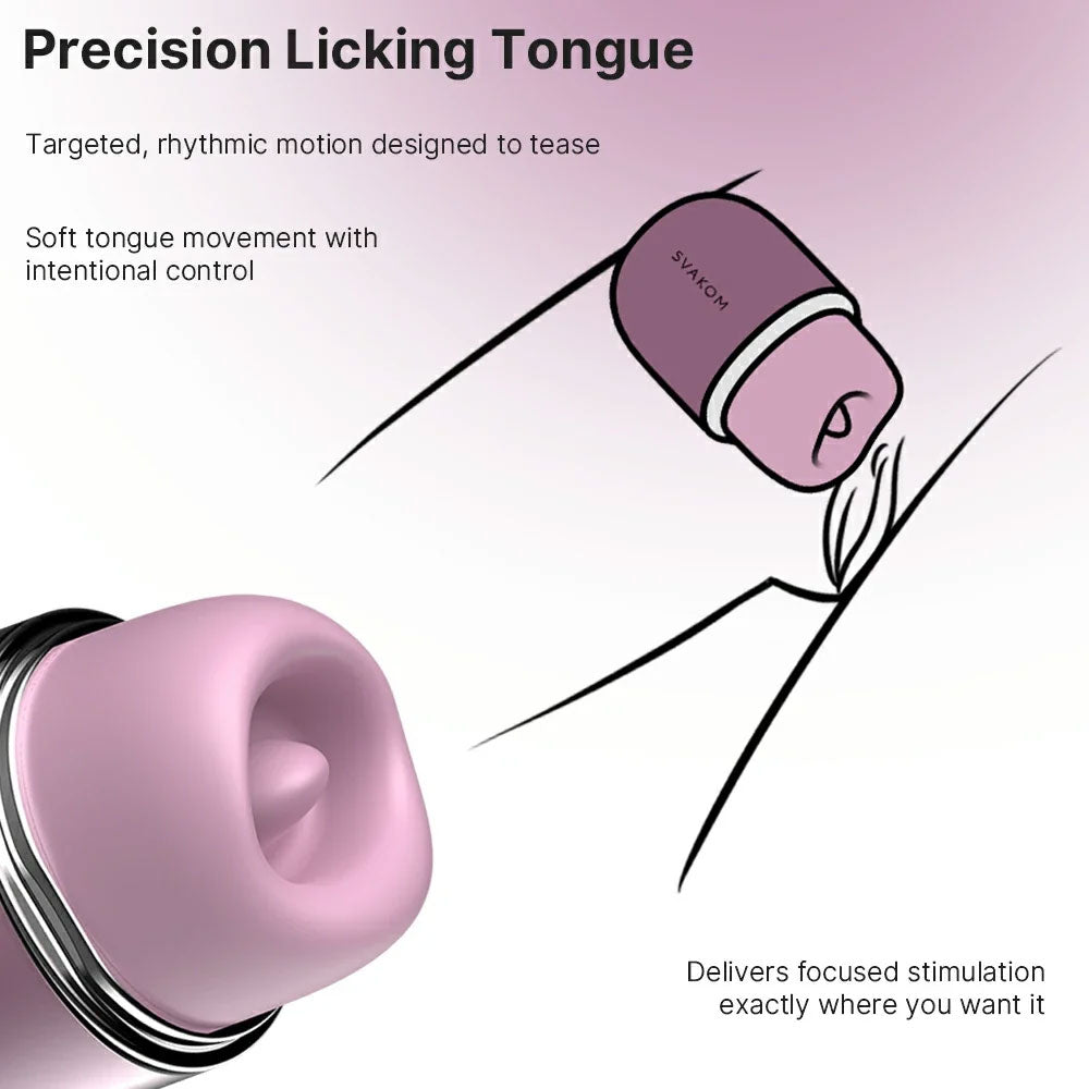 Svakom Klitty Sucking licking purple silicone clitoral stimulator, with silicone mouth exposed and graphic how to use skethc