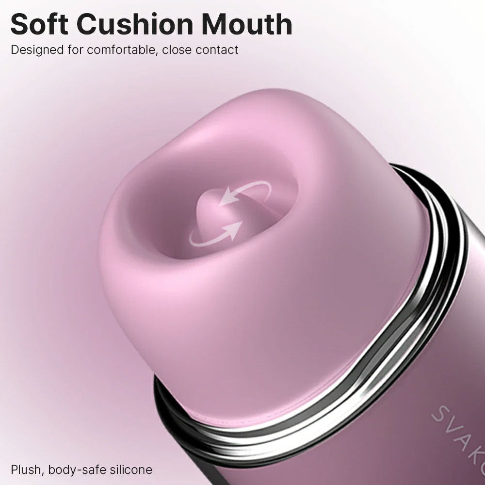 Svakom Klitty Sucking licking purple silicone clitoral stimulator, with silicone mouth exposed and plastic cat ear lid taken off zoomed in on rotating tounge