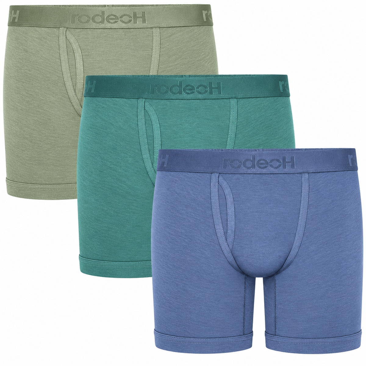 RodeoH Shift 6 inch Boxer Underwear Teal, Slate & Sage 3 pack: pacific teal, slate blue and sage green boxers stacked, from the front