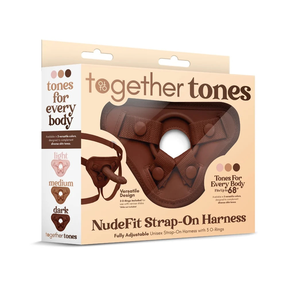 Together Toys NudeFit chocolate adjustable strap on harness, packaging from the front,