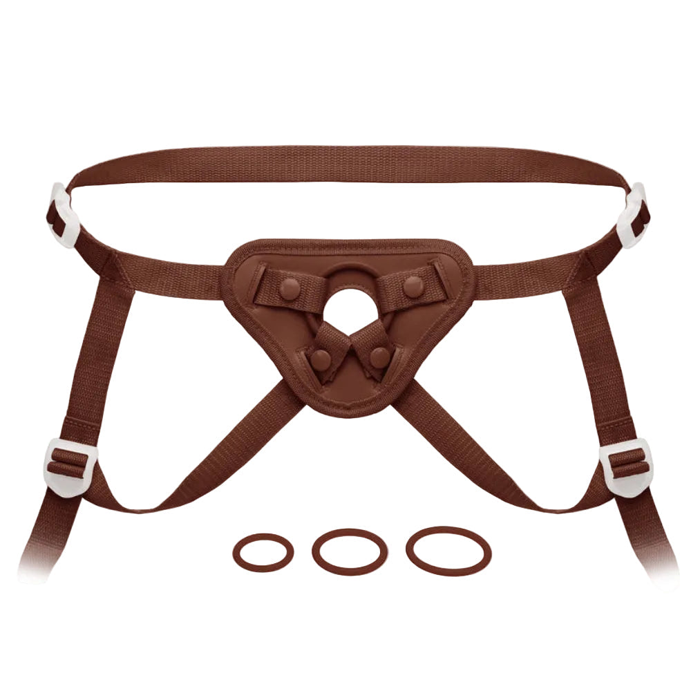 Together Toys NudeFit chocolate adjustable strap on harness, from the front, with included 3 silicone orings.