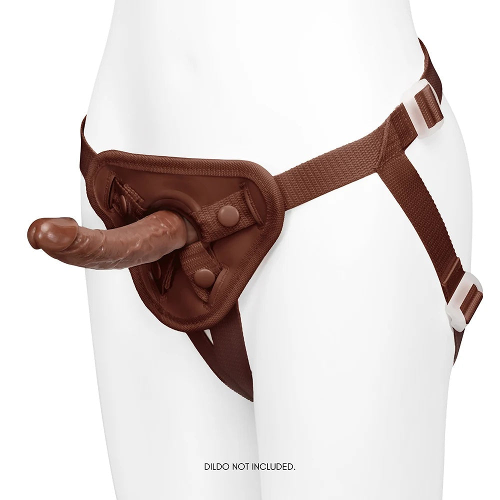 Together Toys NudeFit chocolate adjustable strap on harness, on a mannequin from the front, and side with a dildo inserted