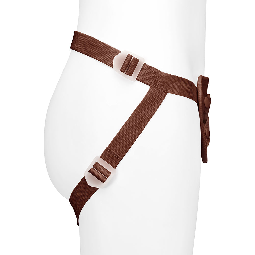 Together Toys NudeFit chocolate adjustable strap on harness, from the side, on a mannequin