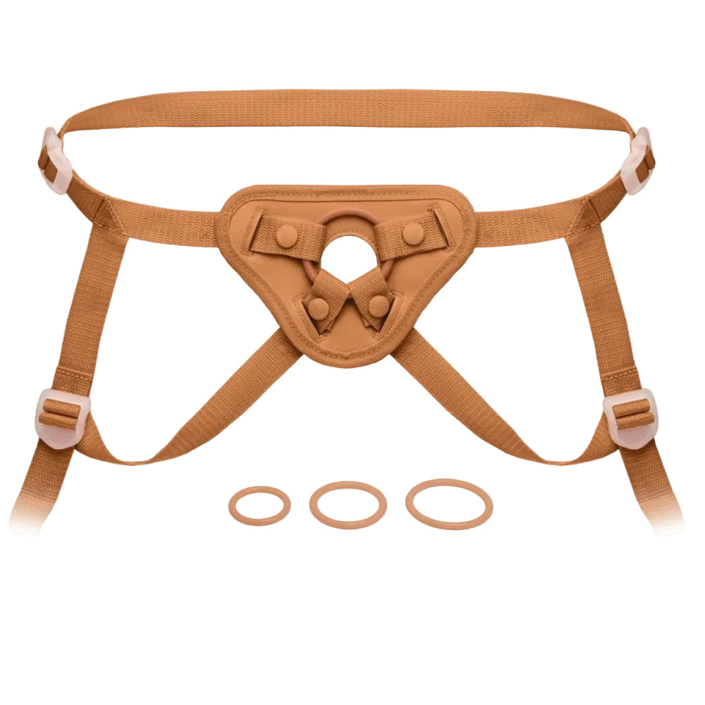 Together Tones Nude fit caramel colored strap on harness, from the front, with the 3 included orings.