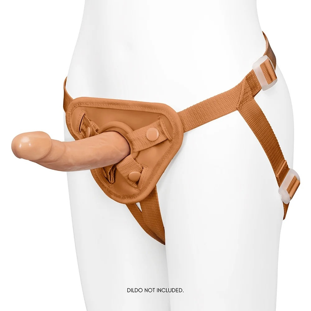 Together Tones Nude fit caramel colored strap on harness on a mannequin with a dildo inserted, from the front, and side.