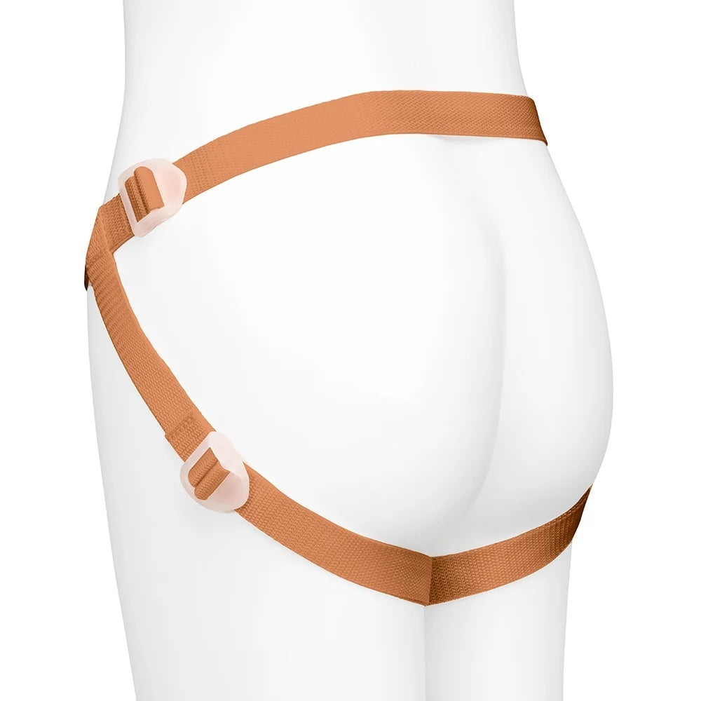 Together Tones Nude fit caramel colored strap on harness, on a mannequin, from the back and side