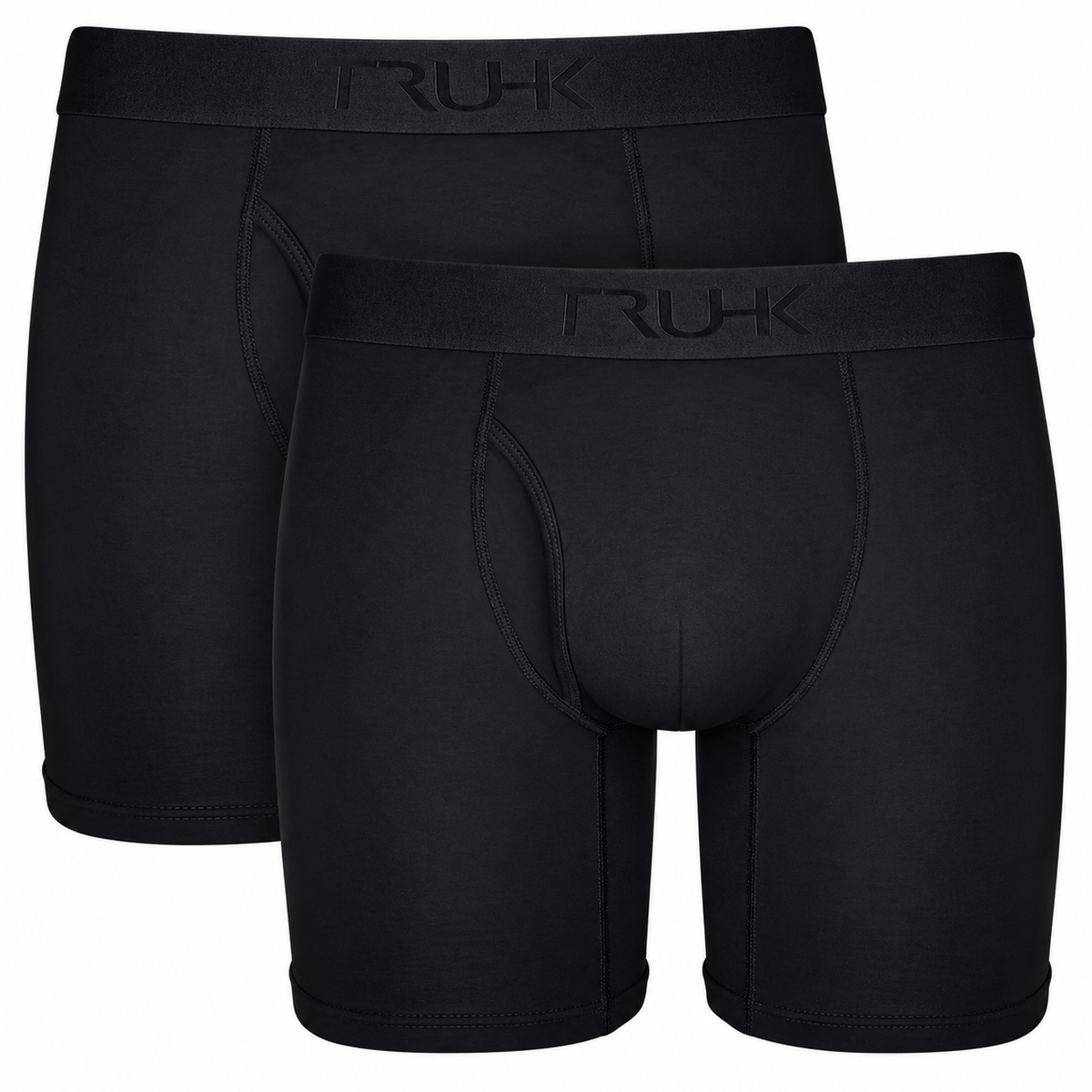 Two pairs of black men's boxer briefs with elastic waistbands, displayed on a clean white background. The front pair is slightly offset behind the second pair to show the back pocket detail.