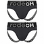 2-pack of gray RodeoH jockstraps with bold gray and white RodeoH logo waistbands and matching gray branded leg straps, displayed on a white background.